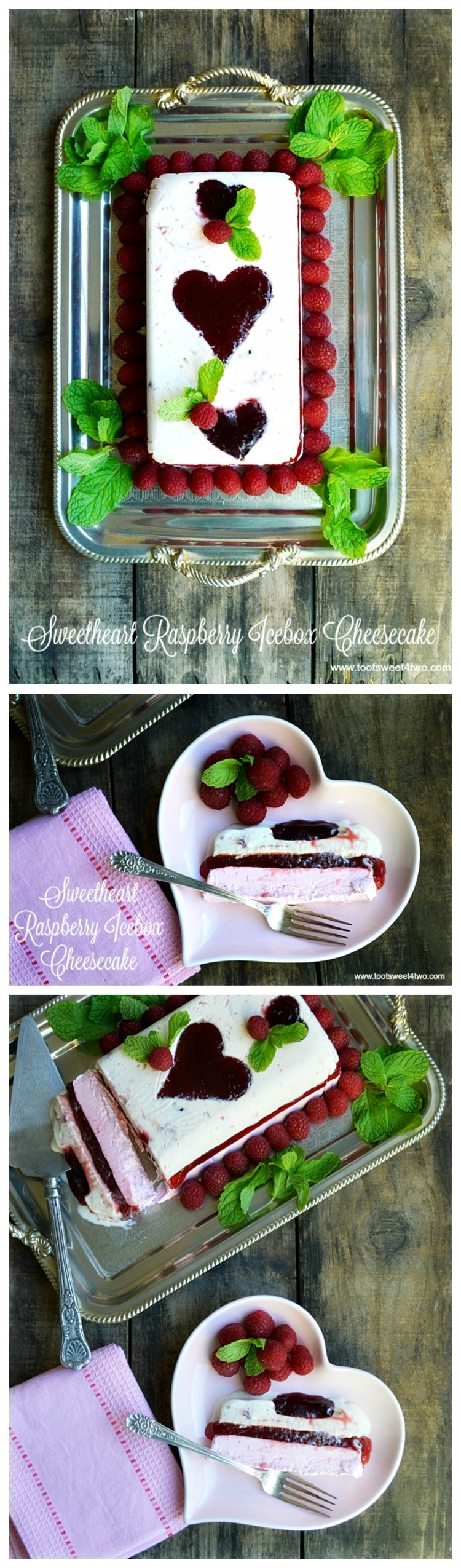 Looking for unique cheesecake recipes? Look no further! Sweetheart Raspberry Icebox Cheesecake is an easy, frozen, no bake dessert that combines an easy-to-make cheesecake layer with a layer of raspberry flavored ice cream and molded raspberry jam hearts. Frozen for hours or overnight, unmold this luscious concoction onto a pretty platter and then top with fresh raspberries and sprigs of mint. A spectacular-looking dessert, this delicious recipe with "wow" friends and family. | www.tootsweet4two.com