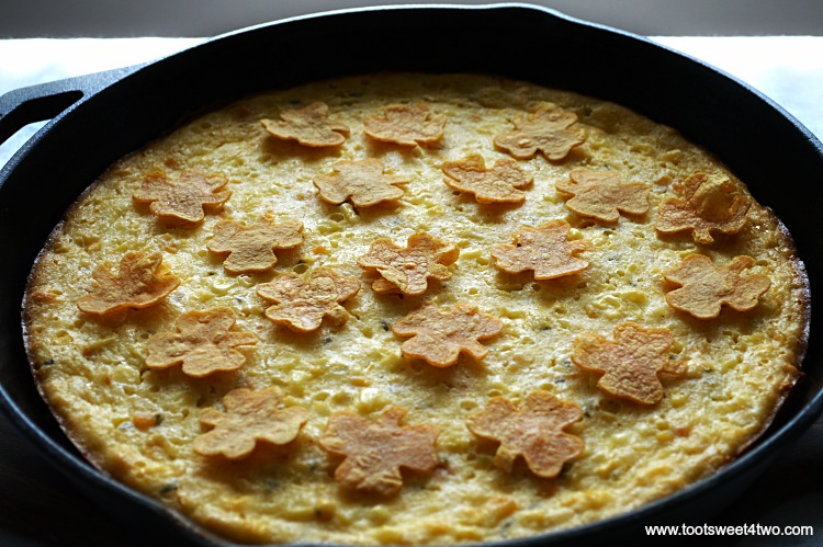 Pot O'Gold Skillet Cornbread with Shamrock Corn Chips in a cast iron skillet