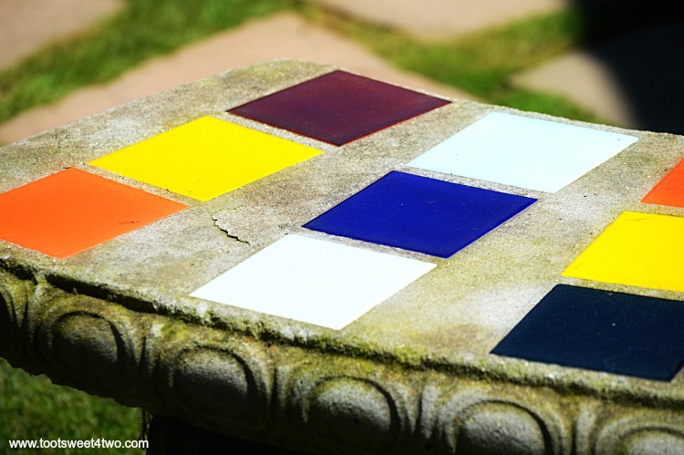 Colorful concrete and tile bench at Old Mission San Luis Rey Gardens
