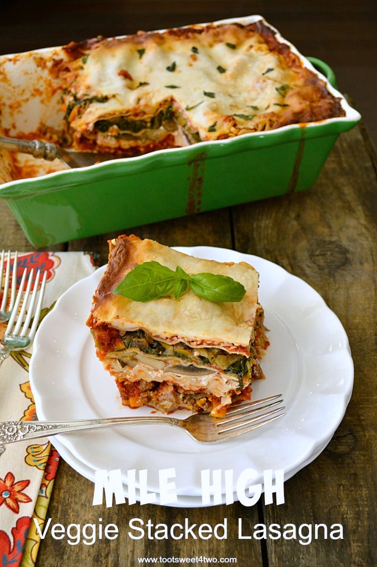 Mile High Veggie Stacked Lasagna is layer upon layer of deliciousness! Each individual vegetable is layered separately, as are layers of no boil lasagna noodles, meat, sauce and cheese, making this deep dish lasagna special! Each mouthful delivers the perfect Italian flavor as well as the distinct tastes of each ingredient. By layering the vegetables separately, they shine through and are not masked by the delectable meat sauce. Is this the world's best lasagna recipe? You decide! But it is sure to become a family favorite, so keep this lasagna recipe handy!