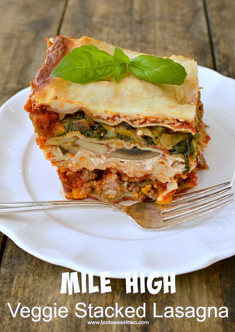 Mile High Veggie Stacked Lasagna is layer upon layer of deliciousness! Each individual vegetable is layered separately, as are layers of no boil lasagna noodles, meat, sauce and cheese, making this deep dish lasagna special! Each mouthful delivers the perfect Italian flavor as well as the distinct tastes of each ingredient. By layering the vegetables separately, they shine through and are not masked by the delectable meat sauce. Is this the world's best lasagna recipe? You decide! But it is sure to become a family favorite, so keep this lasagna recipe handy!