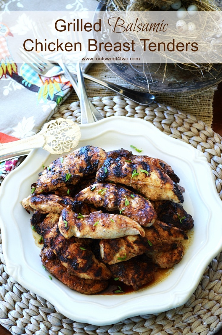 Grilled Balsamic Chicken Breast Tenders are ridiculously easy to make and delicious! This super simple recipe is a quick and healthy alternative to a fast food dinner any night of the week. Make a batch and keep them in the refrigerator for an instant meal or an easy sandwich. | www.tootsweet4two.com