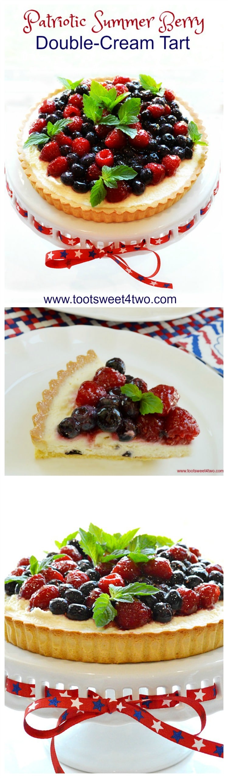 An easy, no-bake dessert, Patriotic Summer Berry Double-Cream Tart is a winning recipe to celebrate 4th of July or any red, white and blue holiday. A flaky, store-bought sweet pastry tart shell covered with a sweet double-cream filling and topped with fresh fruit, makes a beautiful and delicious treat for Independence Day! | www.tootsweet4two.com