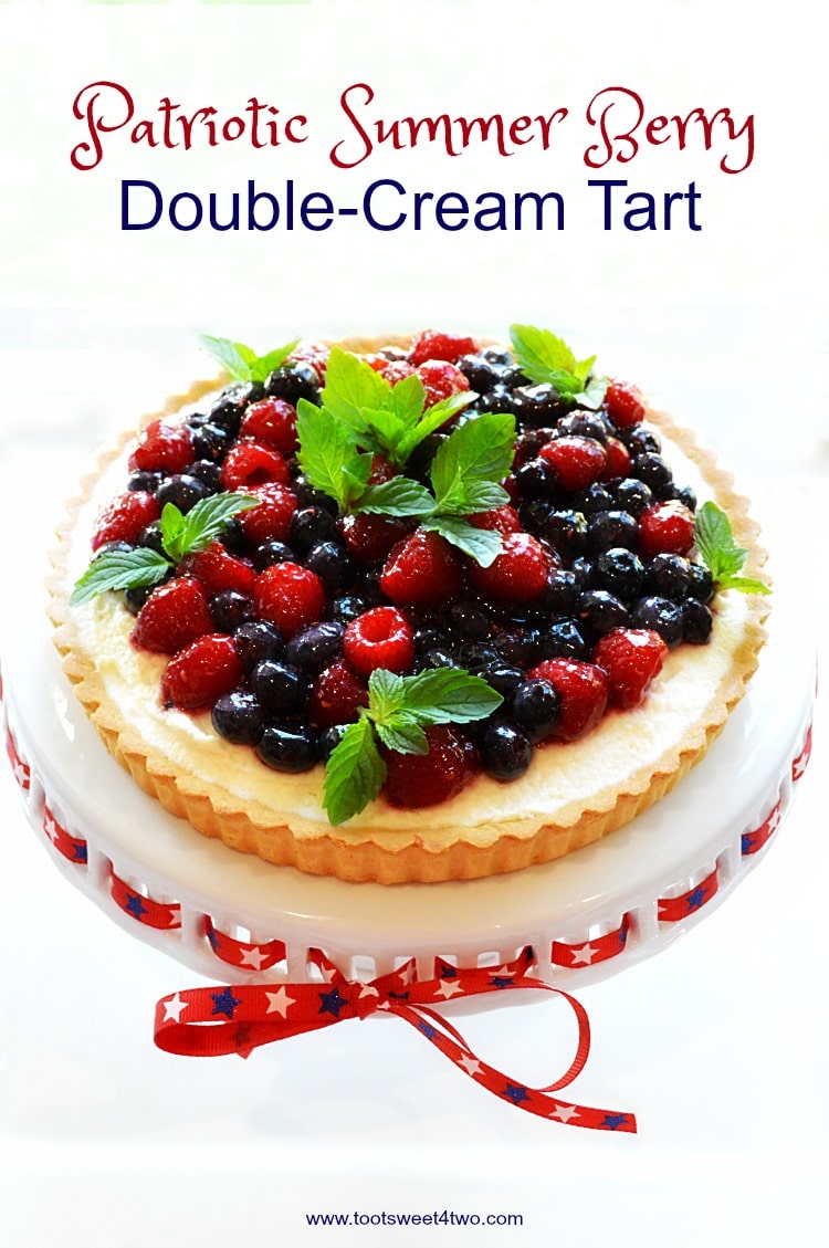 An easy, no-bake dessert, Patriotic Summer Berry Double-Cream Tart is a winning recipe to celebrate 4th of July or any other red, white and blue holiday. A flaky, store-bought sweet pastry tart shell covered with a sweet double-cream filling and topped with fresh fruit, makes a beautiful and delicious treat for Independence day! | www.tootsweet4two.com