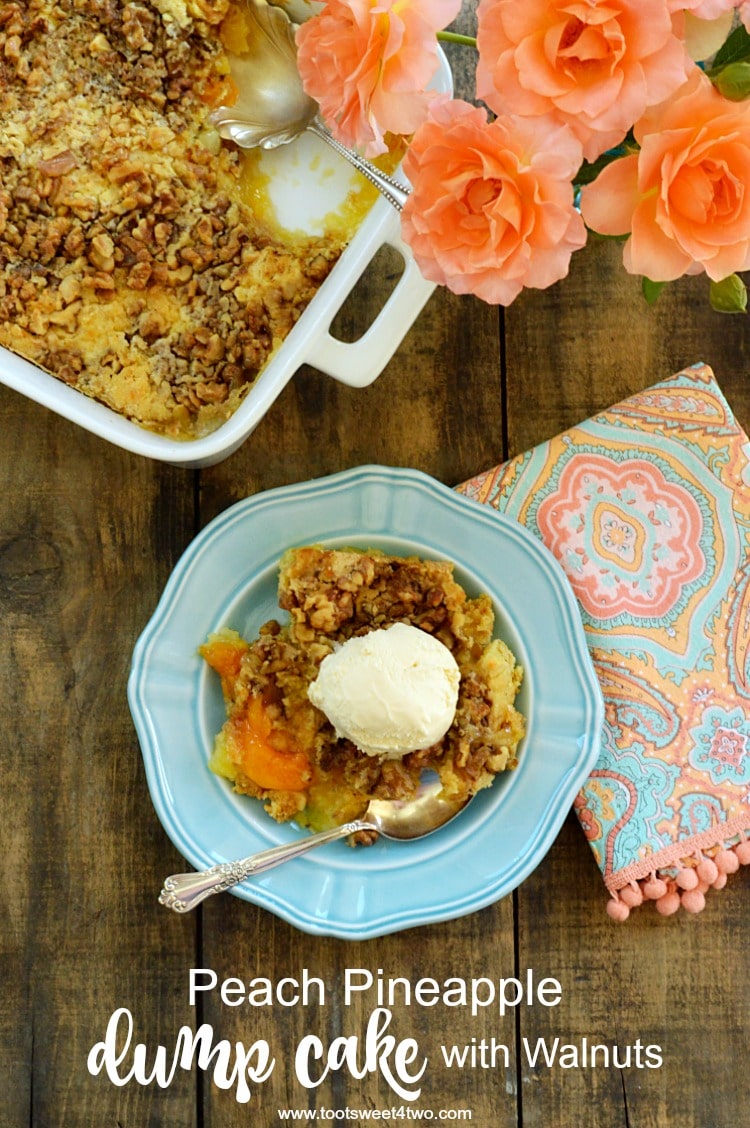How to make dump cake? There's really no lesson involved! Most dump cake recipes don't even require a bowl! Using pie fillings and cake mix plus a few other ingredients, just open a couple of cans and a box, dump them in a baking dish and bake! Simple and easy, Peach Pineapple Dump Cake with Walnuts is one of the most delicious desserts out there! | www.tootsweet4two.com
