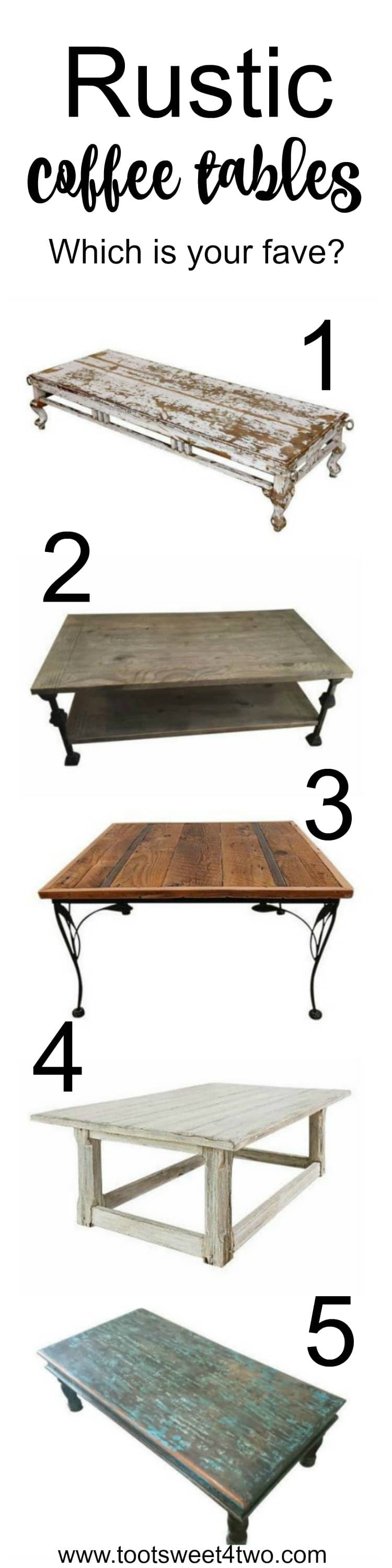 Are you searching for the perfect rustic coffee table? One with some age, a weathered masterpiece of coffee table perfection? Here are a few ideas for distressed, industrial, rustic, shabby chic and unique coffee tables. | www.tootsweet4two.com