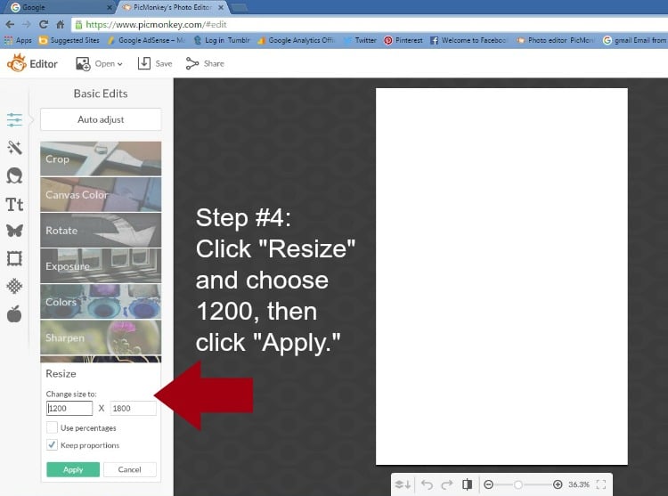 Step 4 - Click Resize and Choose 1200