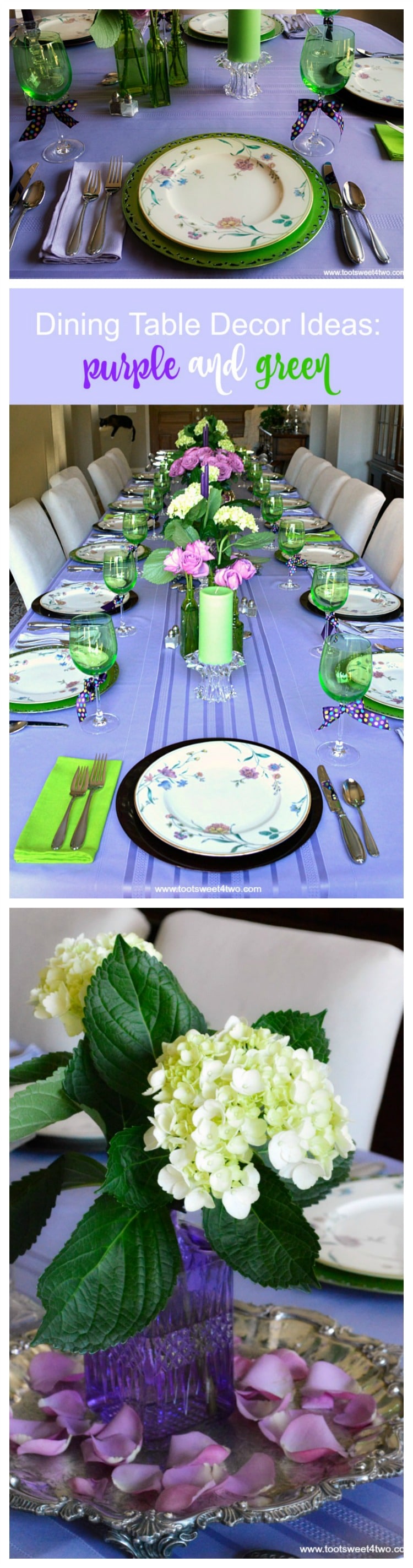Take a walk on the unconventional side and decorate your dining table in unexpected colors! These dining table decor ideas for a purple and green tablescape are a fun way to decorate a table for a special party. Whether you are decorating a table for a party by choosing a school team color combo, sports team colors, corporate business colors or the favorite colors of the guest of honor, wow your guests with unusual table decorations with these tips and ideas. | www.tootsweet4two.com