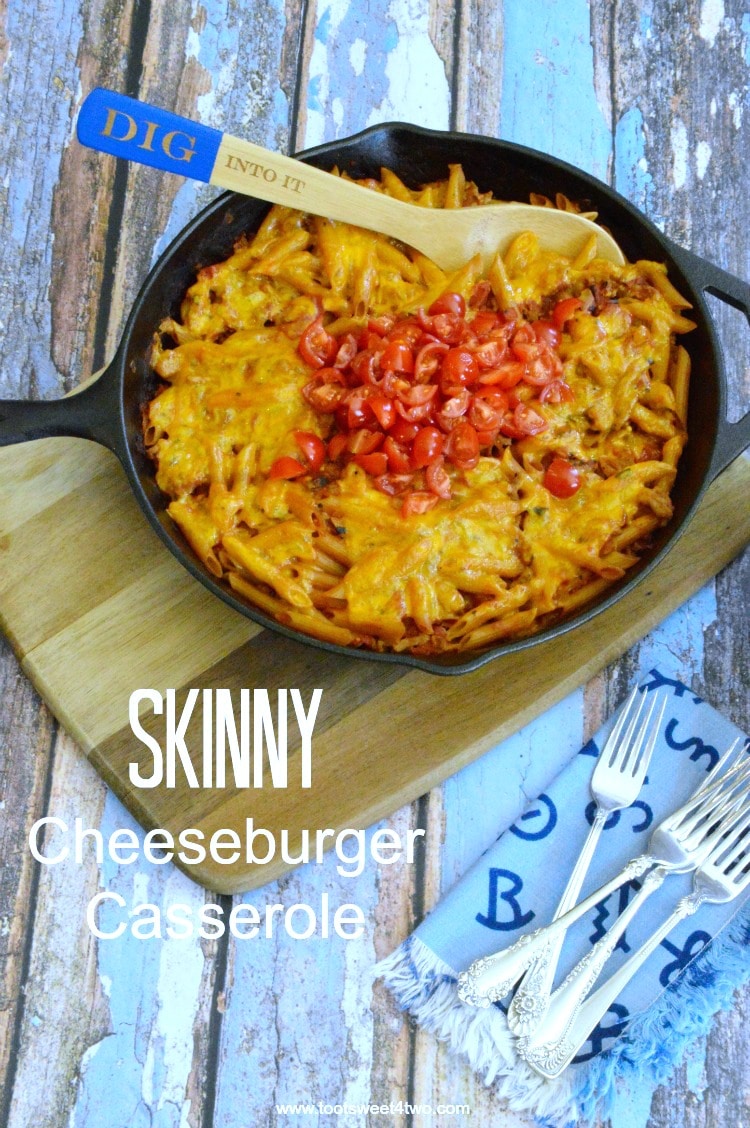 An easy and classic, kid-friendly, comfort-food recipe made healthier, Skinny Cheeseburger Casserole delivers on many levels! Adapted from upcoming cookbook, Family Favorite Casserole Recipes. | www.tootsweet4two.com