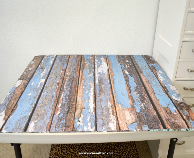 Faux Peeling Blue, White and Brown Wood Photography Backdrop on folding table