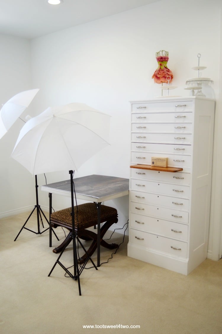 Photography lights and prop cabinet in my food photography home studio